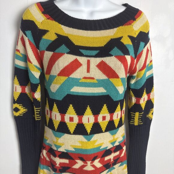 Jessica Simpson Womens Sweater Dress Aztec Tribal Boho Dopamine Maximalist - Picture 2 of 9